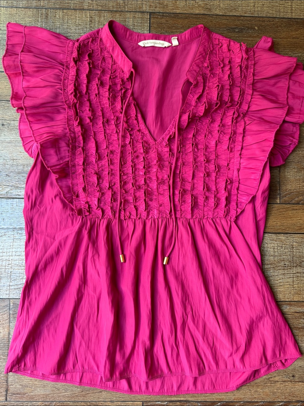 Soft Surroundings Fuchsia Ruffle-Front V-Neck Blouse